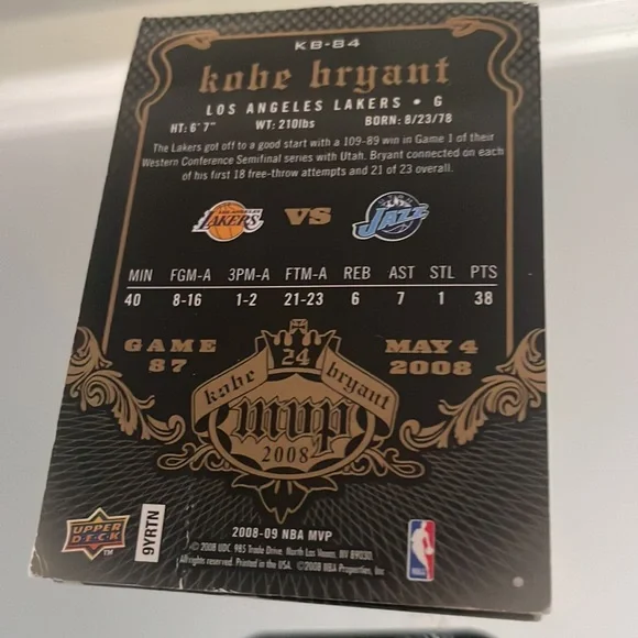 Kobe Bryant mvp card against the Utah jazz wester conference semifinal